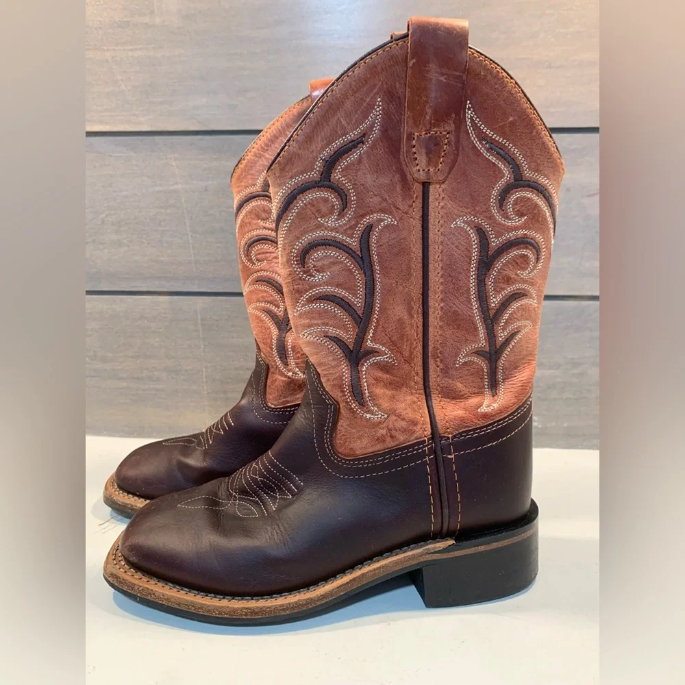 Old West Boys Square Toe Boots Brown Size 12.5- D Leather Western Casual Rodeo